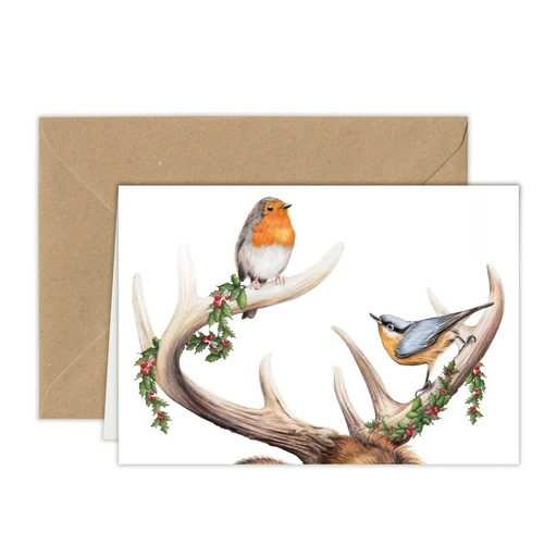 [US0319] Carte d'anniversaire "Bois de cerf et oiseaux"